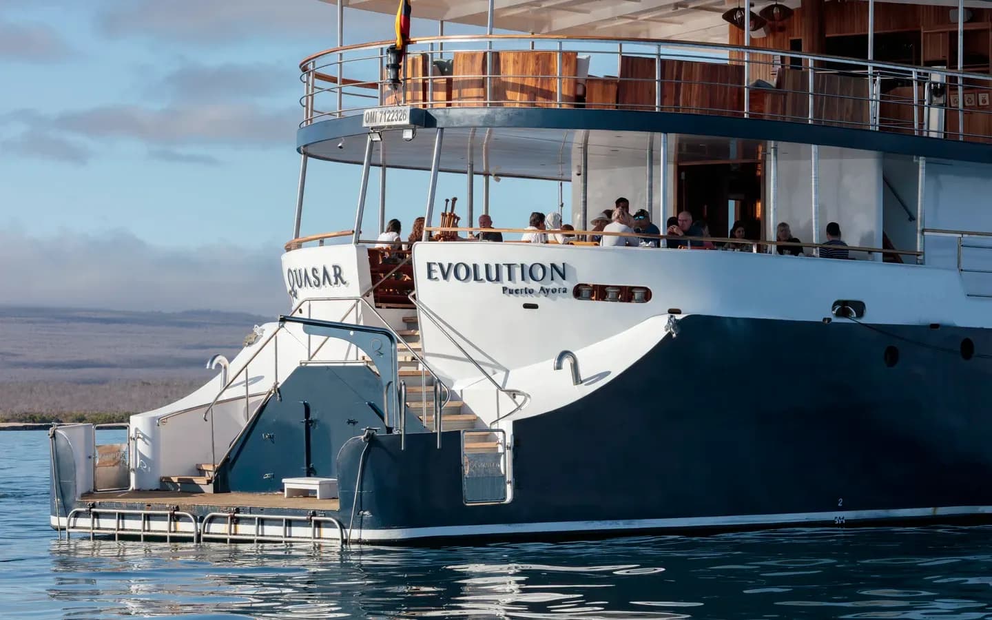 Evolution yacht at anchor, Galápagos