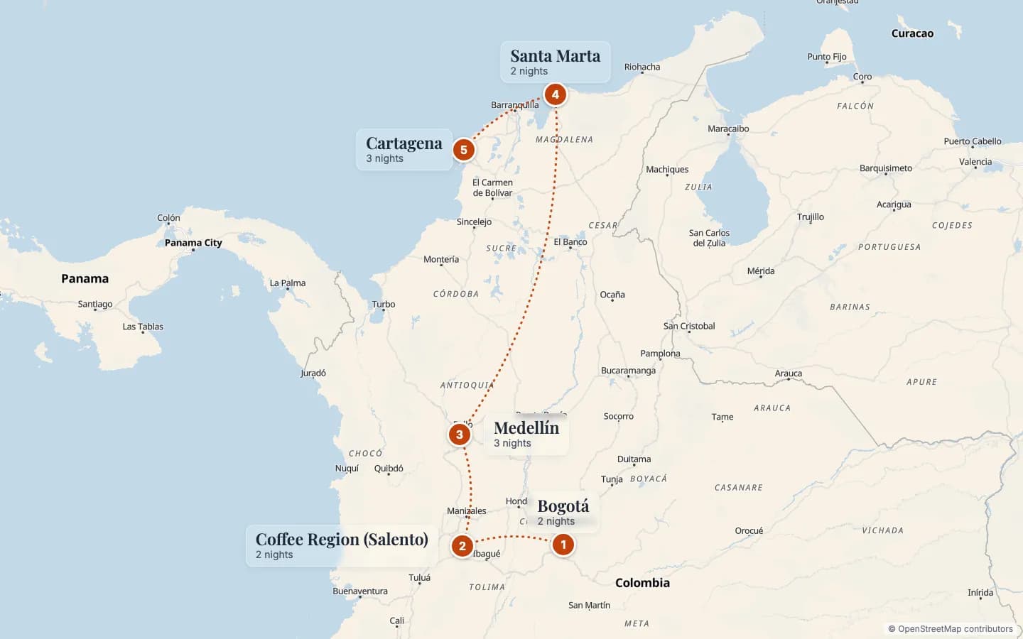 Route map of Exploring Colombia: 1 Bogotá (2 nights), 2 Coffee Region (Salento) (2 nights), 3 Medellín (3 nights), 4 Santa Marta (2 nights), 5 Cartagena (3 nights). Map data © OpenStreetMap contributors.