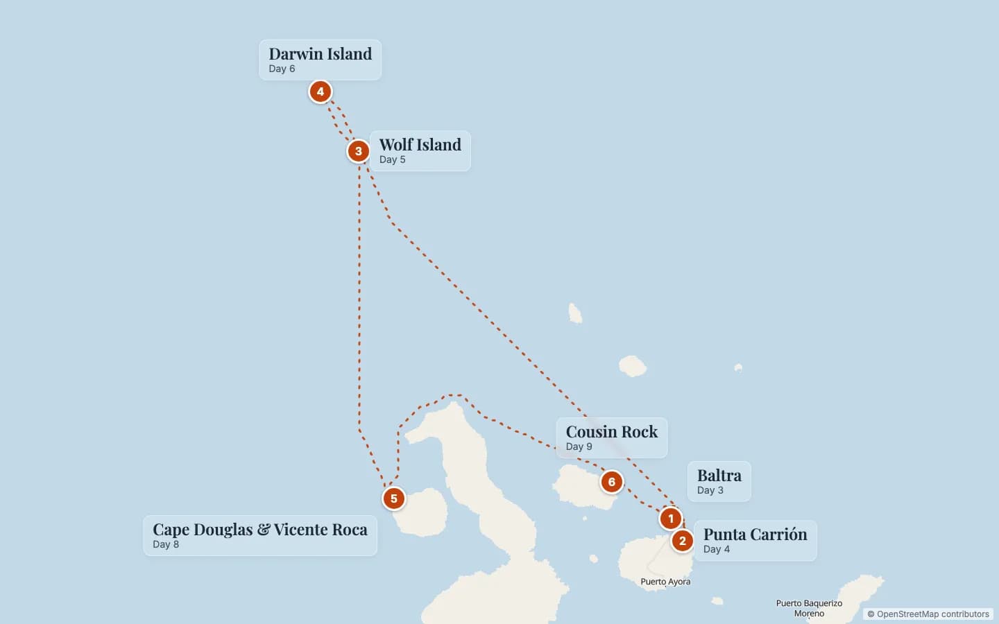 Route map of Galaxy Diver II Galápagos Diving Liveaboard with Flights from London: 1 Baltra (Day 3), 2 Punta Carrión (Day 4), 3 Wolf Island (Day 5), 4 Darwin Island (Day 6), 5 Cape Douglas & Vicente Roca (Day 8), 6 Cousin Rock (Day 9). Map data © OpenStreetMap contributors.
