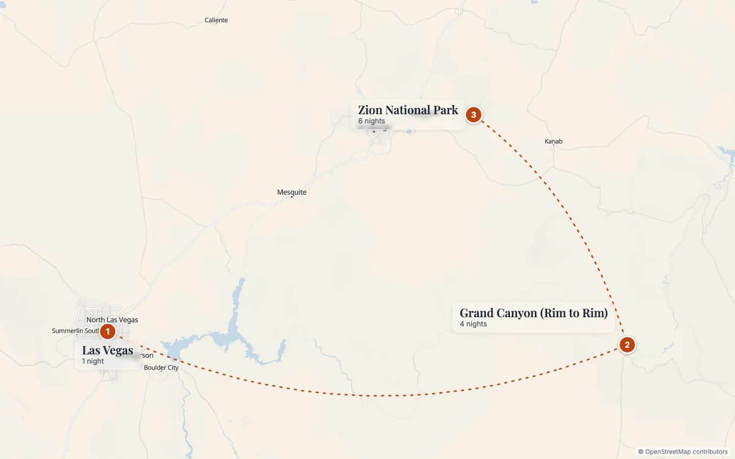 Route map of Grand Canyon & Zion Hiking Adventure: 1 Las Vegas (1 nights), 2 Grand Canyon (Rim to Rim) (4 nights), 3 Zion National Park (6 nights). Map data © OpenStreetMap contributors.