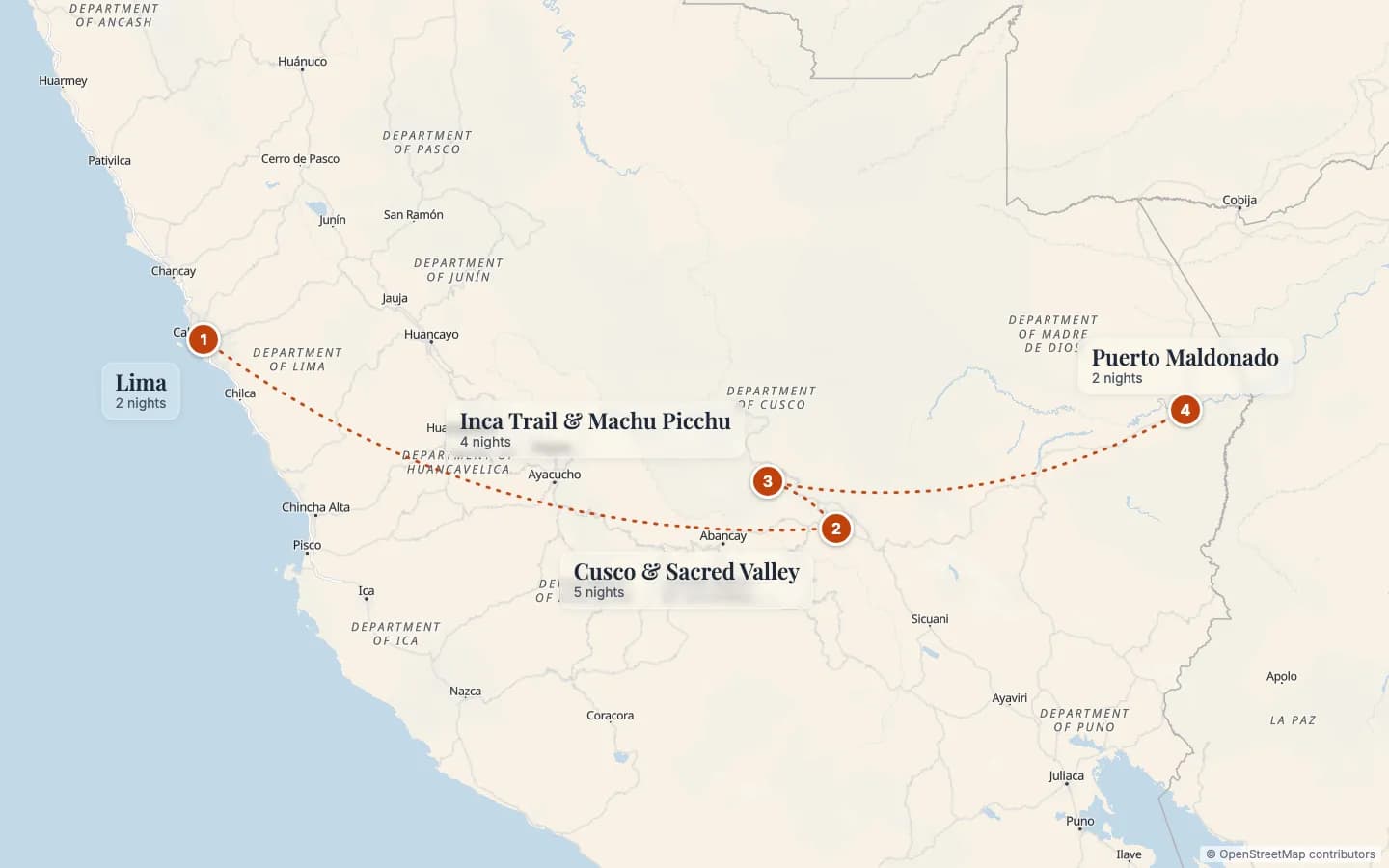 Route map of Inca Trail to Machu Picchu: 1 Lima (2 nights), 2 Cusco & Sacred Valley (5 nights), 3 Inca Trail & Machu Picchu (4 nights), 4 Puerto Maldonado (2 nights). Map data © OpenStreetMap contributors.