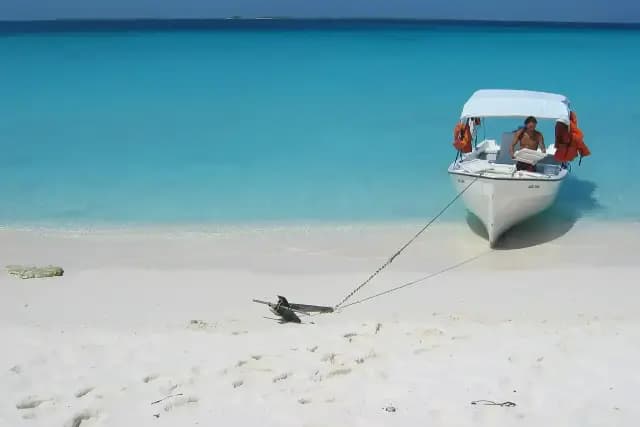 Panoramic view of Los Roques archipelago with turquoise lagoon and scattered islands