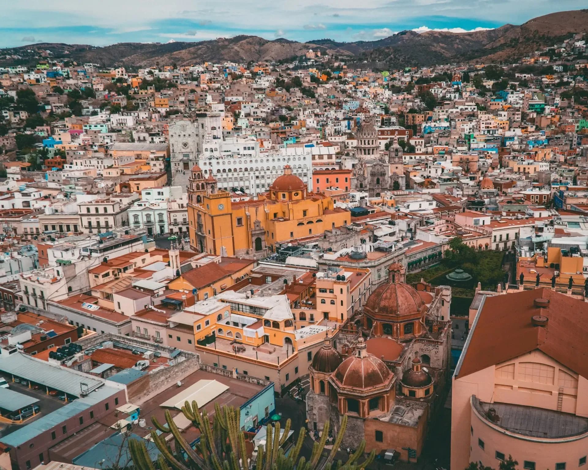 Aerial view of the colourful colonial cityscape of Guanajuato, central Mexico