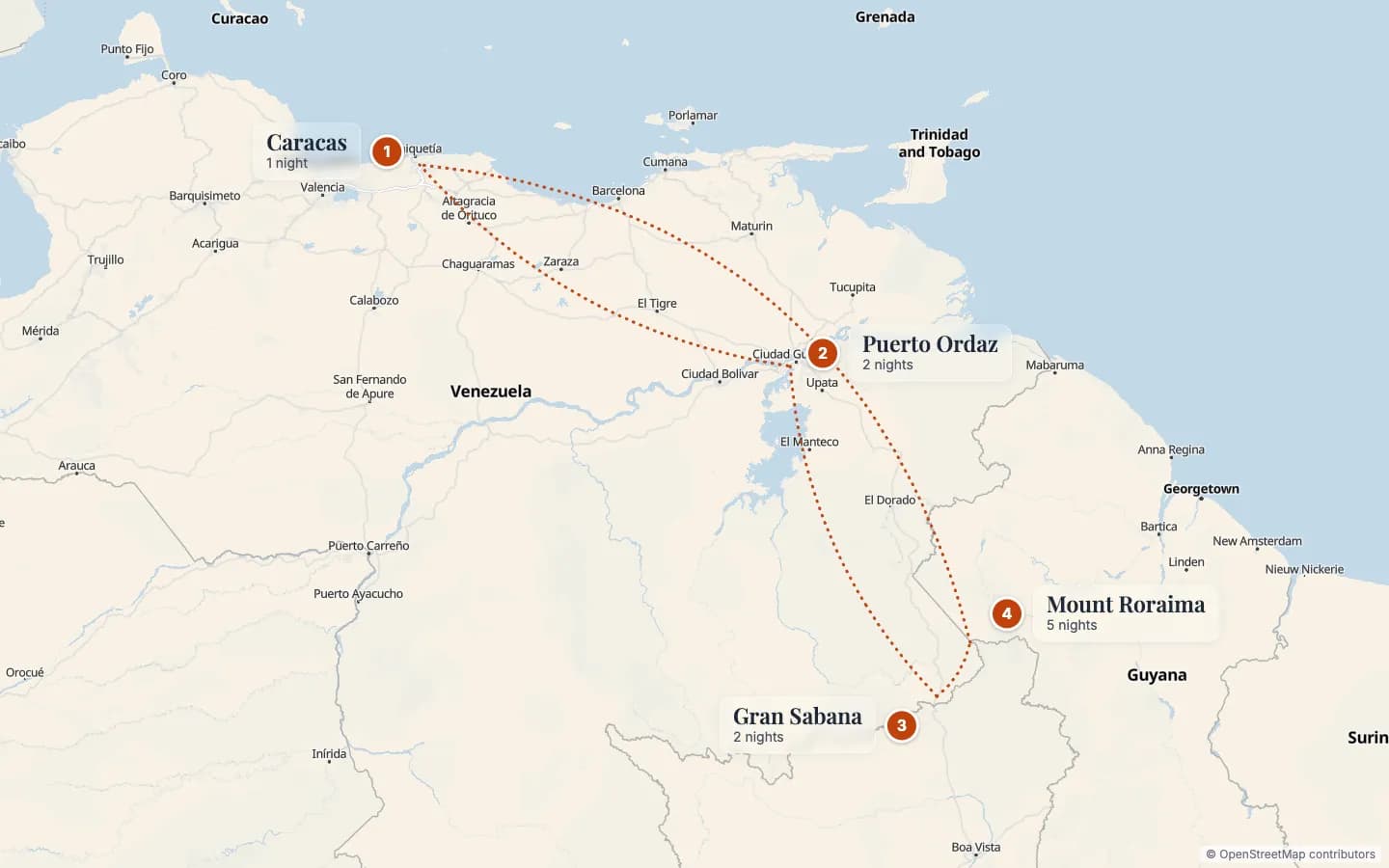 Route map of Mount Roraima Trek: The Lost World Expedition: 1 Caracas (1 nights), 2 Puerto Ordaz (2 nights), 3 Gran Sabana (2 nights), 4 Mount Roraima (5 nights). Map data © OpenStreetMap contributors.