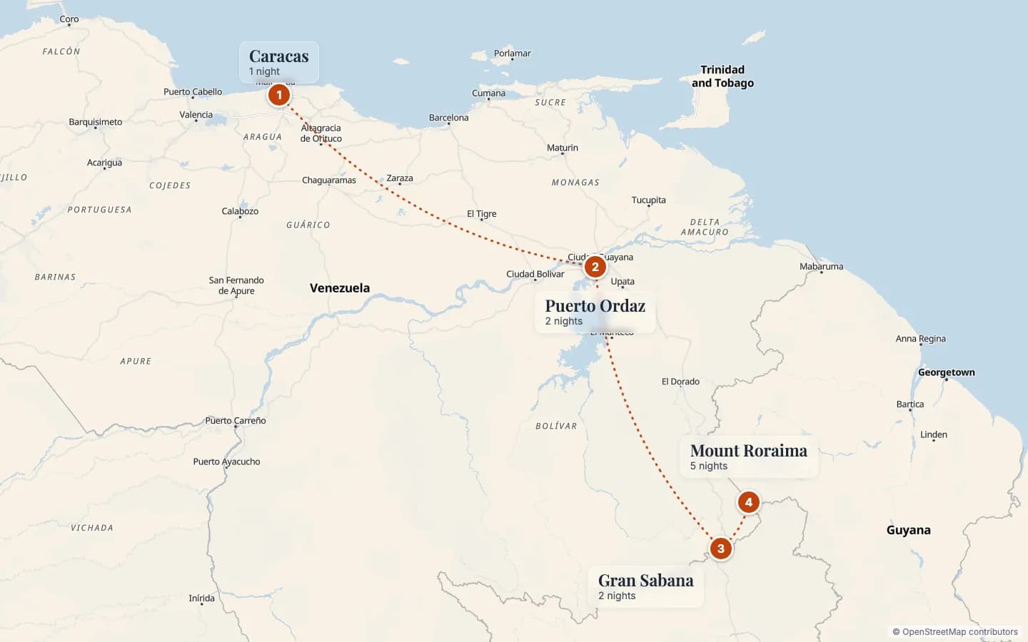 Route map of Mount Roraima Trek: The Lost World Expedition: 1 Caracas (1 nights), 2 Puerto Ordaz (2 nights), 3 Gran Sabana (2 nights), 4 Mount Roraima (5 nights). Map data © OpenStreetMap contributors.