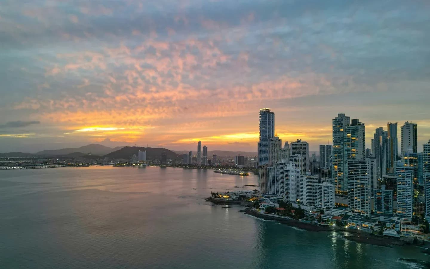 Sunset over the towers of the Panama City skyline and the bay, Panama