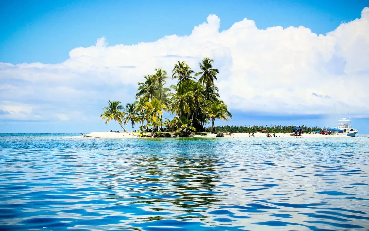 Palm-fringed island and clear turquoise water in Guna Yala, the San Blas Islands, Panama