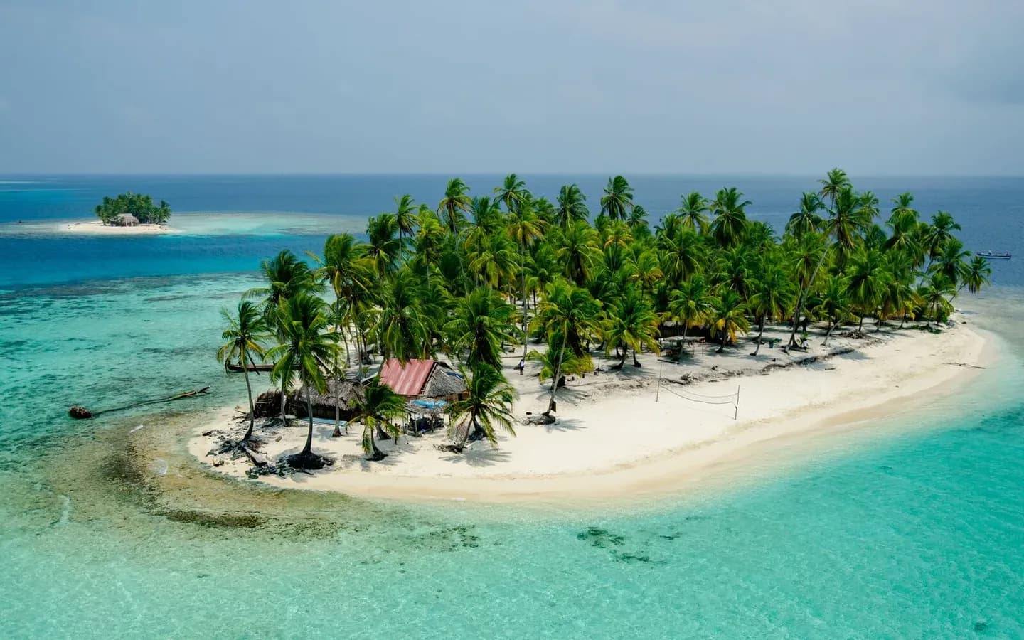 Aerial view of two palm-covered islands ringed by reef in the San Blas archipelago, Guna Yala, Panama