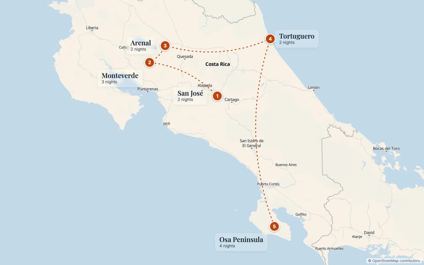 Route map of Rainforest & Volcano Trek: 1 San José (2 nights), 2 Monteverde (3 nights), 3 Arenal (2 nights), 4 Tortuguero (2 nights), 5 Osa Peninsula (4 nights). Map data © OpenStreetMap contributors.