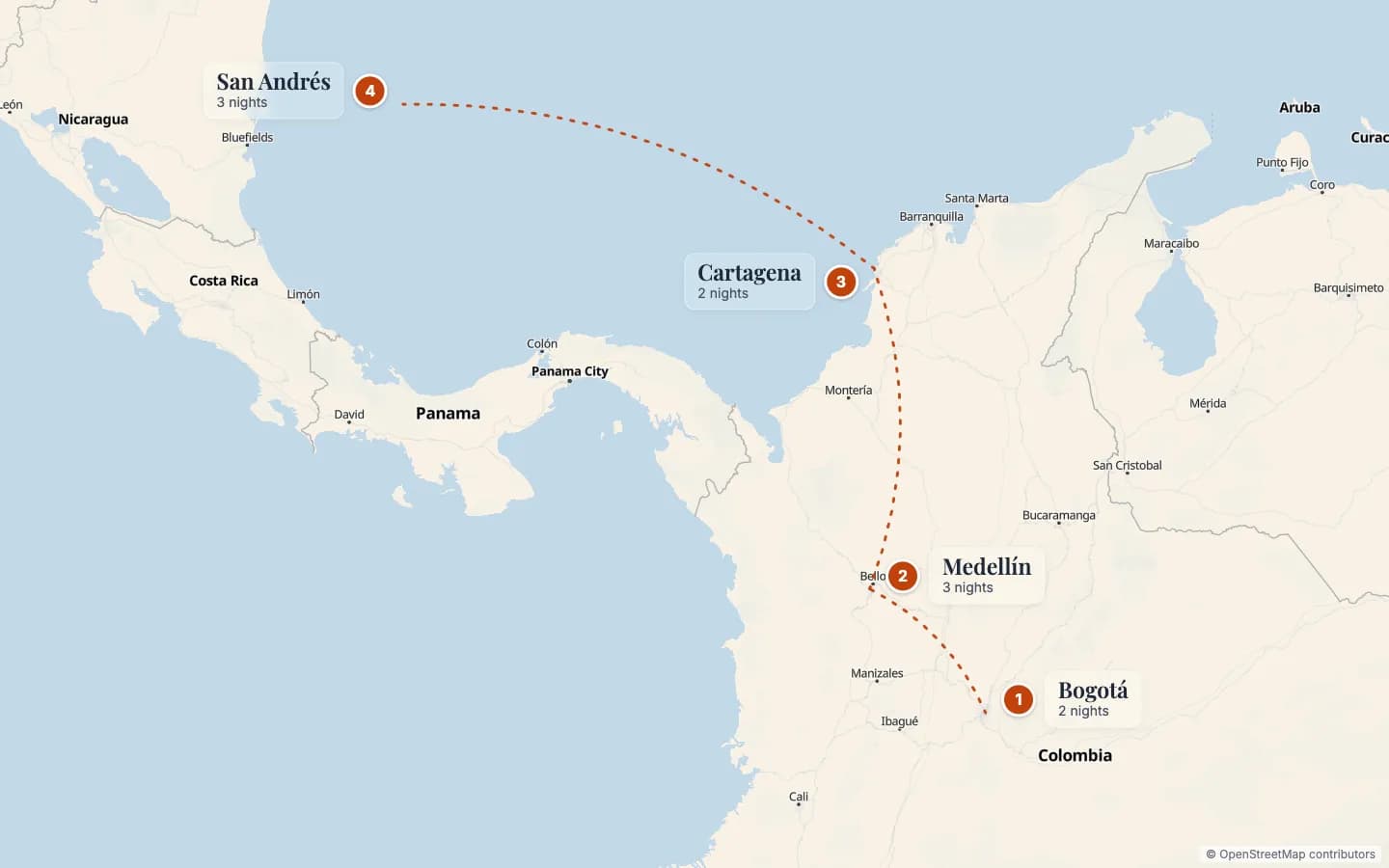 Route map of Roots & Rhythms of Colombia: 1 Bogotá (2 nights), 2 Medellín (3 nights), 3 Cartagena (2 nights), 4 San Andrés (3 nights). Map data © OpenStreetMap contributors.