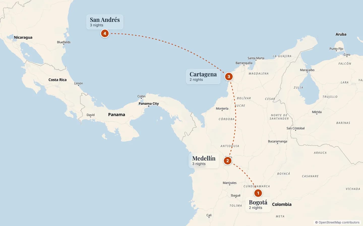 Route map of Roots & Rhythms of Colombia: 1 Bogotá (2 nights), 2 Medellín (3 nights), 3 Cartagena (2 nights), 4 San Andrés (3 nights). Map data © OpenStreetMap contributors.