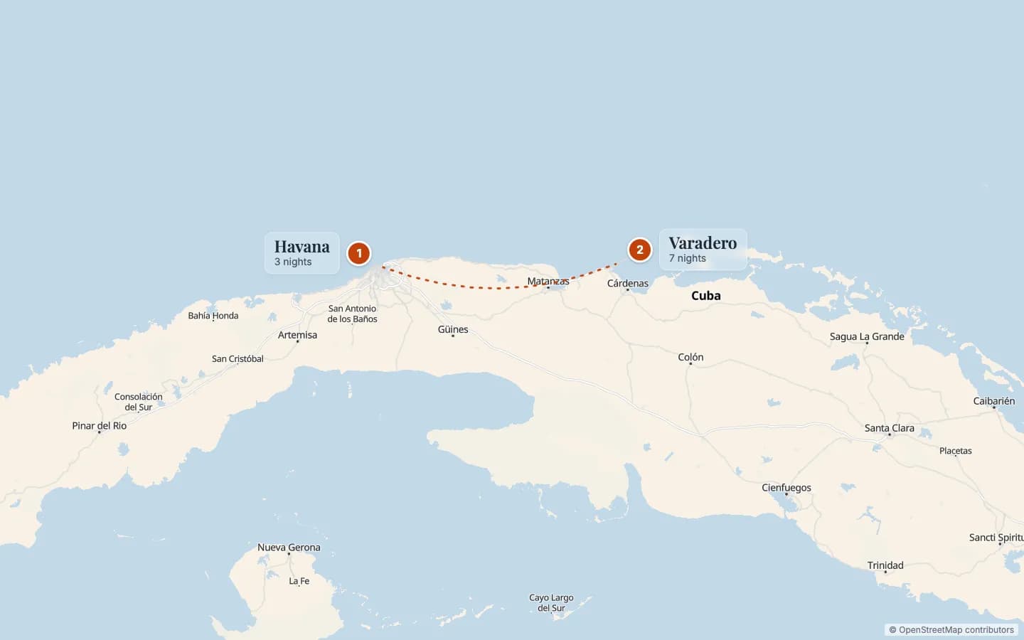 Route map of Havana & Varadero Twin-Centre Holiday: 1 Havana (3 nights), 2 Varadero (7 nights). Map data © OpenStreetMap contributors.