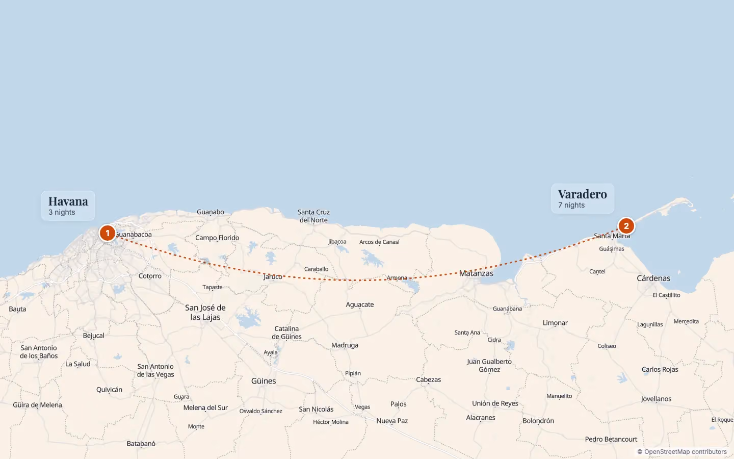 Route map of Havana & Varadero Twin-Centre Holiday: 1 Havana (3 nights), 2 Varadero (7 nights). Map data © OpenStreetMap contributors.