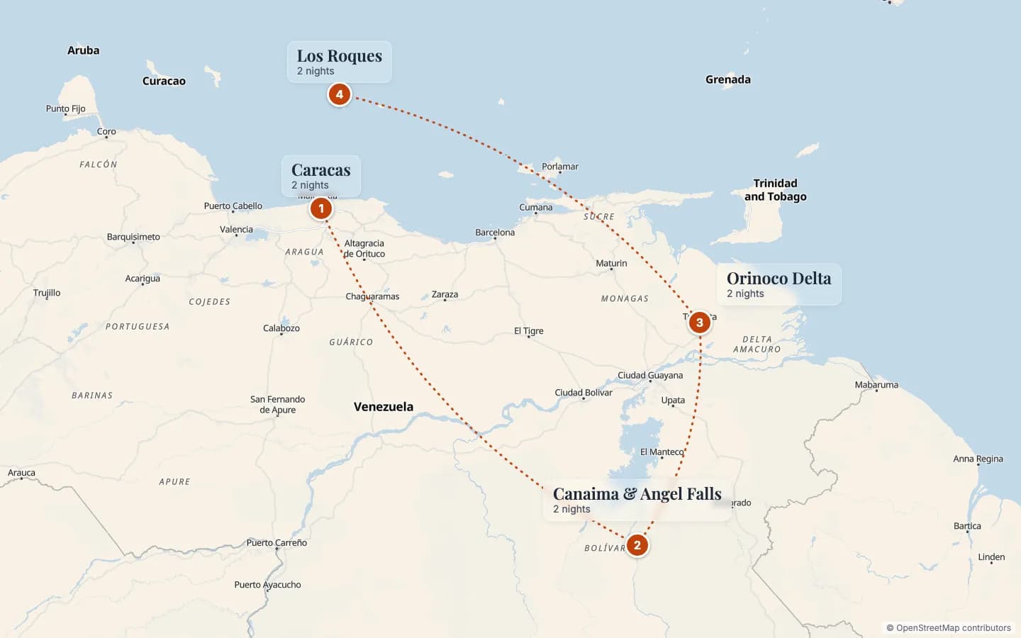 Route map of Venezuela Naturally: Angel Falls, Orinoco Delta & Los Roques: 1 Caracas (2 nights), 2 Canaima & Angel Falls (2 nights), 3 Orinoco Delta (2 nights), 4 Los Roques (2 nights). Map data © OpenStreetMap contributors.